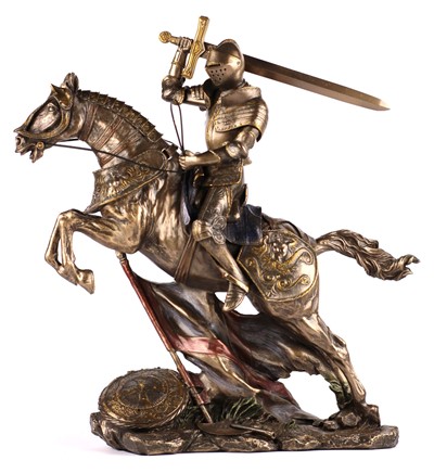 Rycerz na koniu z mieczem i flagą