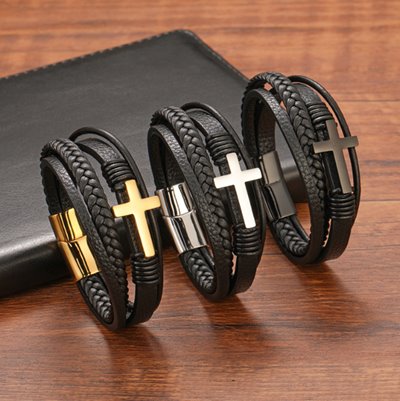 Bransoletka Męska Skórzana Krzyż na Prezent